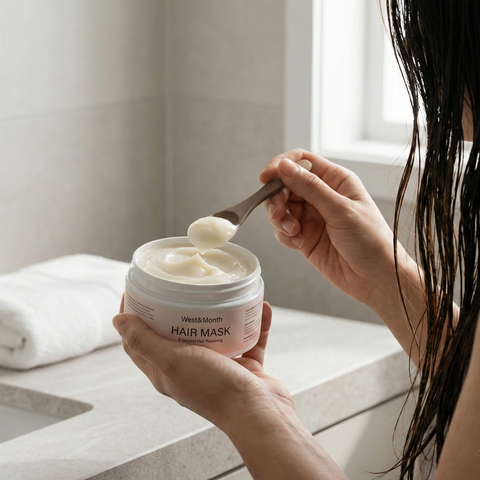 Person applying Weleda hair mask to their hair with a spoon in a bathroom setting.